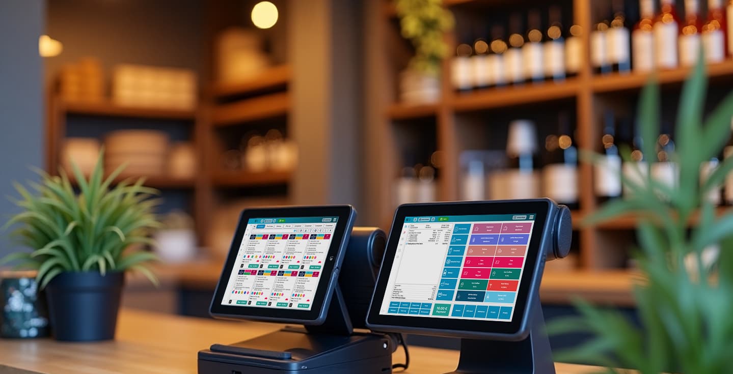 Zwei Delivando Point-of-Sale-Terminals auf einer Holztheke in einem modernen Geschäft, mit einem unscharfen Café-Hintergrund.